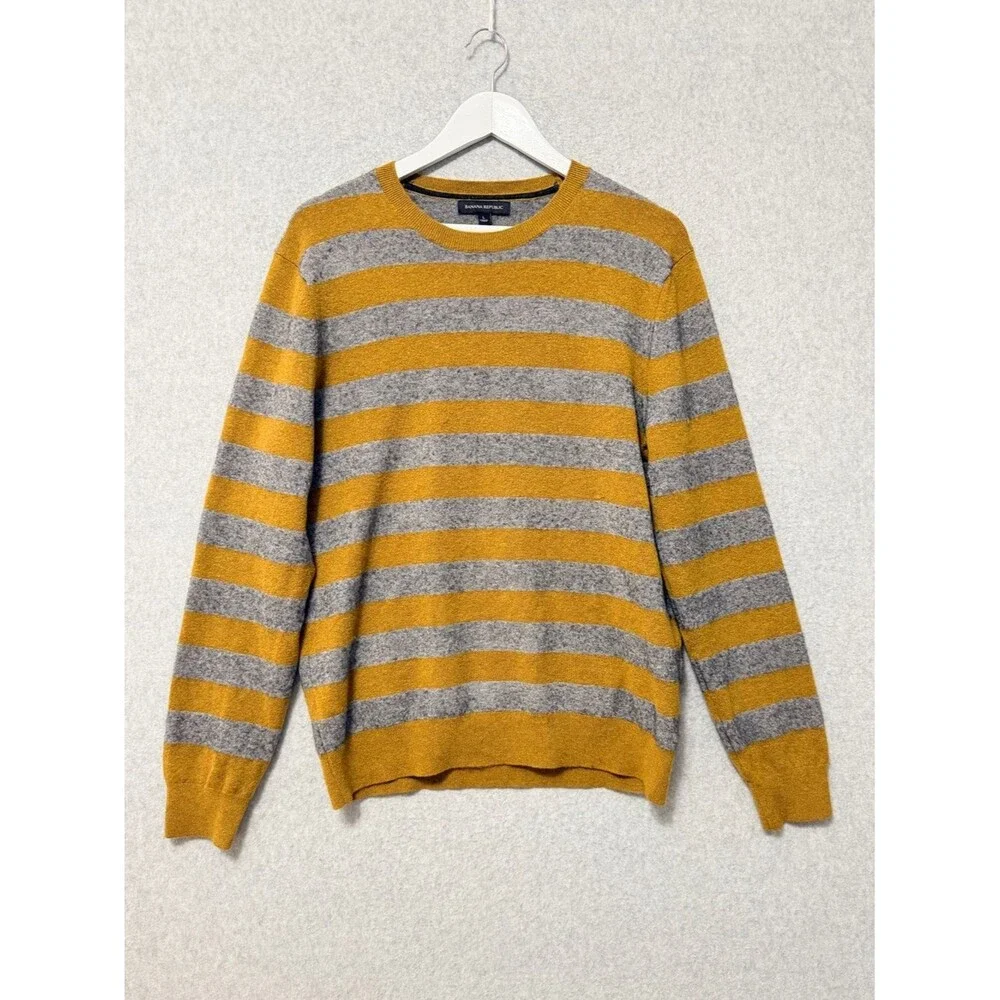 Banana Republic Mens Bold Stripe Pullover Sweater Size L Yellow Gray Merino Wool